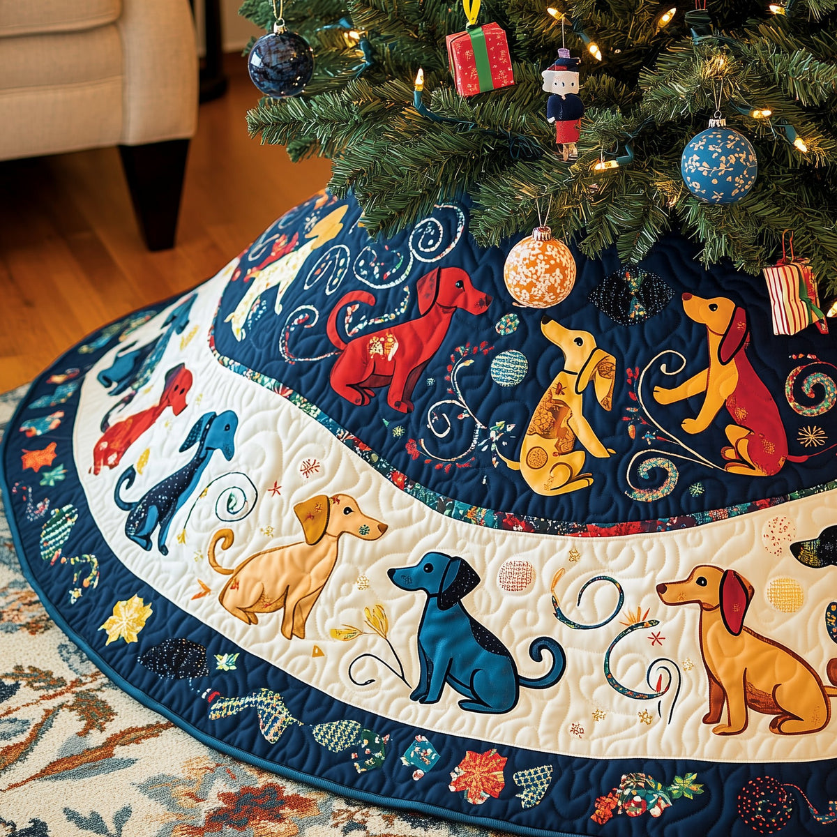 Bright Dogs on Navy and White Swirls Christmas Tree Skirt