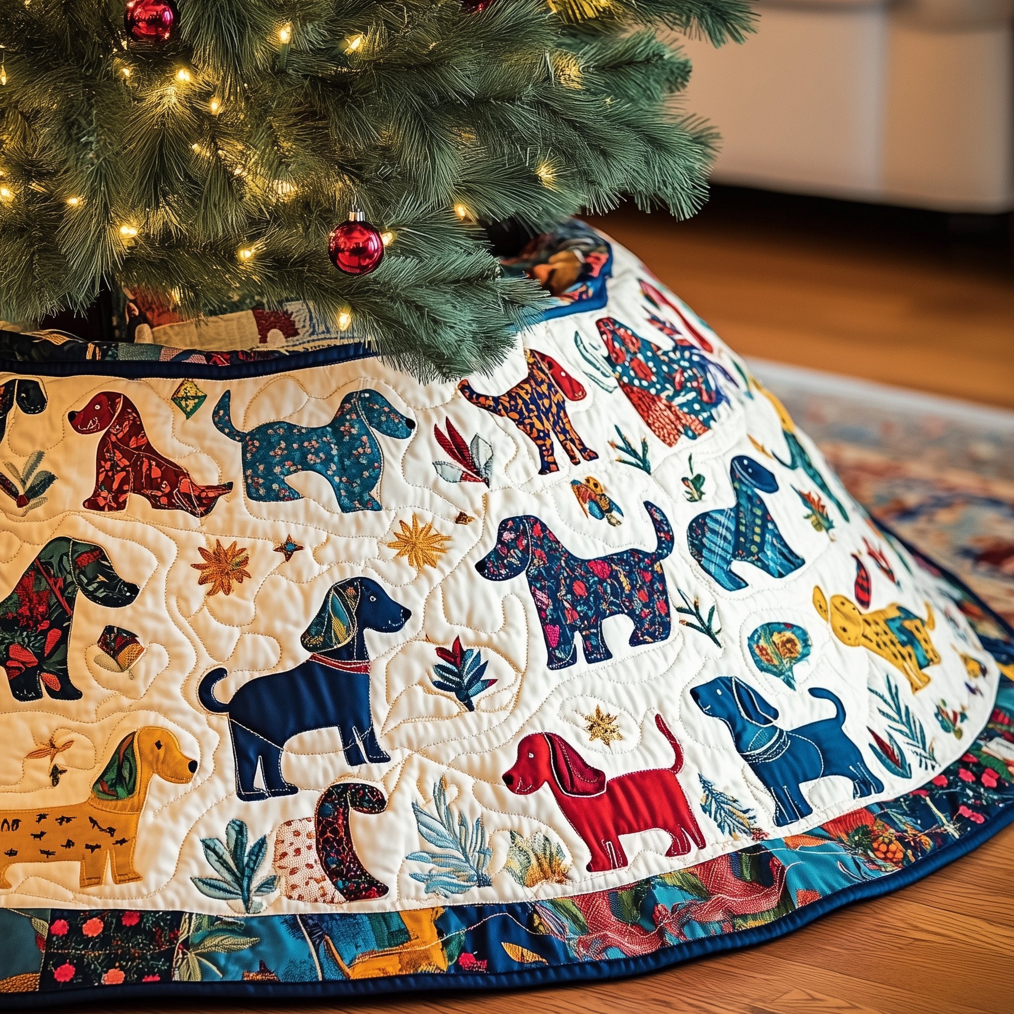 Print Dogs Scattered on White Christmas Tree Skirt