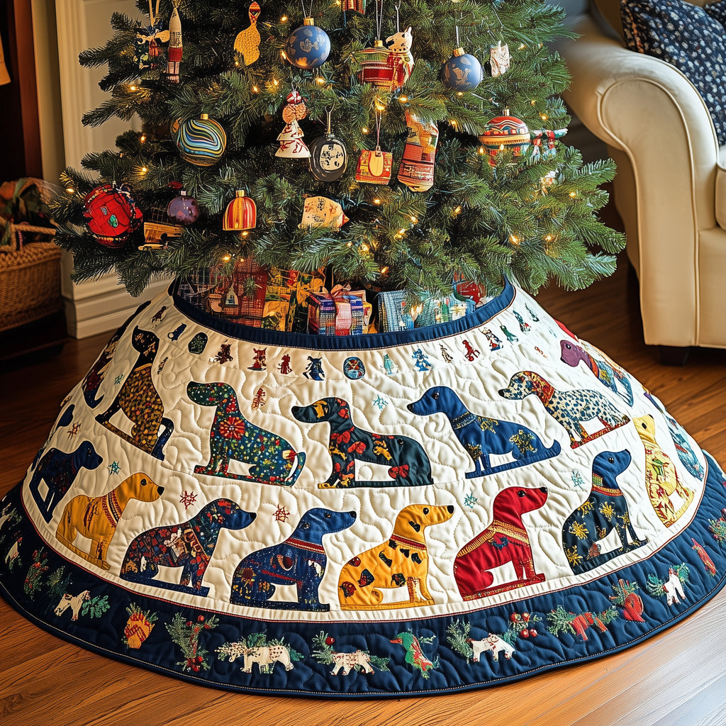 Rows of Patterned Dogs on Cream Christmas Tree Skirt