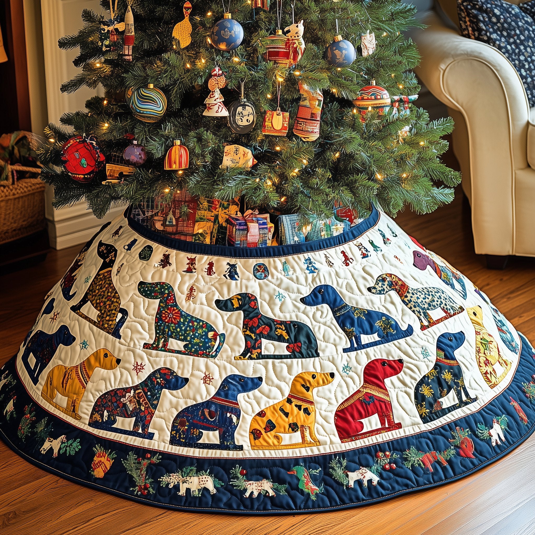 Rows of Patterned Dogs on Cream Christmas Tree Skirt