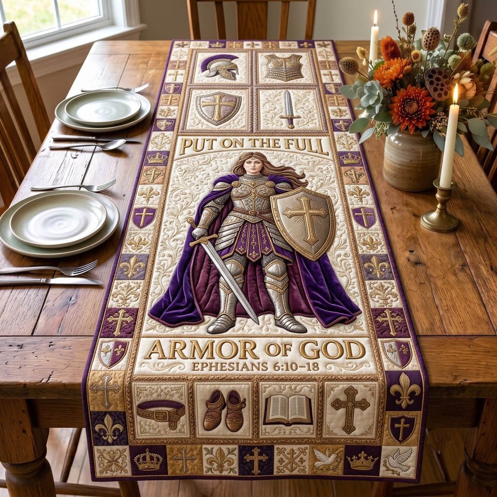 Armor of God Standing Knight Purple Table Runner