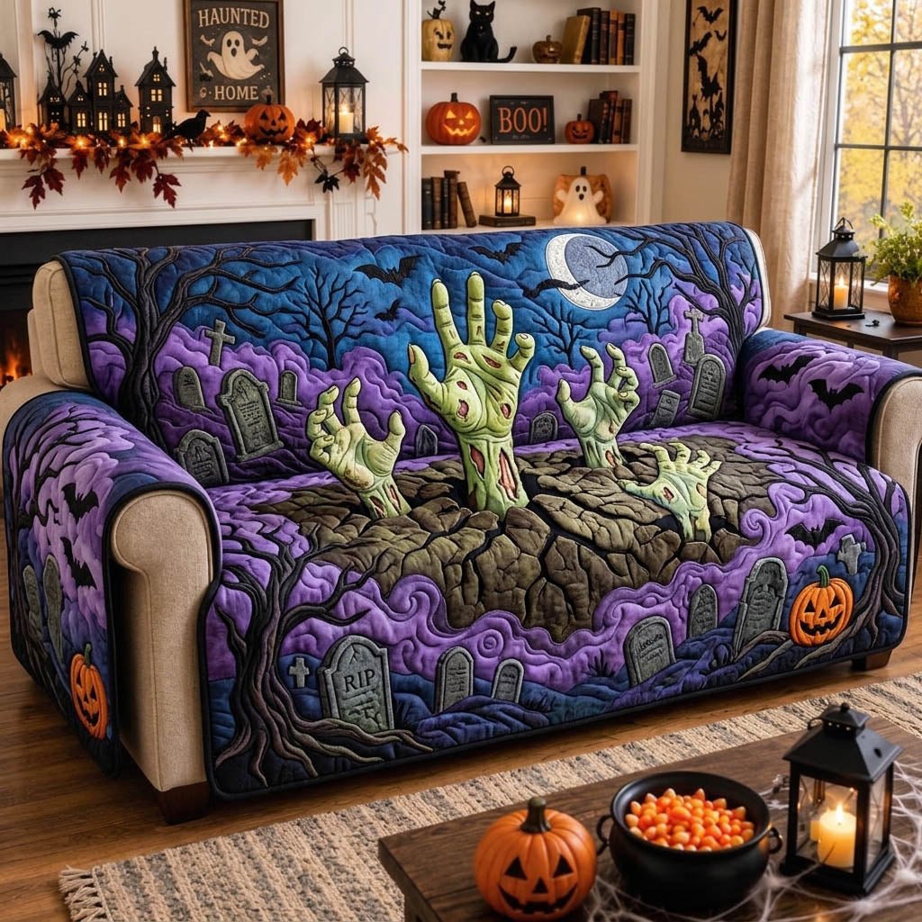 Green Hands Rising from the Purple Graveyard Sofa Cover