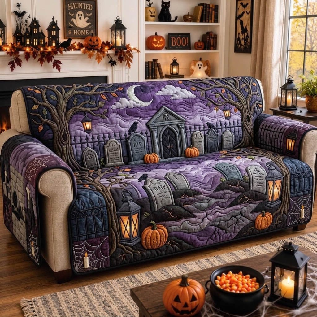 Lantern Lit Crypt in the Purple Cemetery Sofa Cover