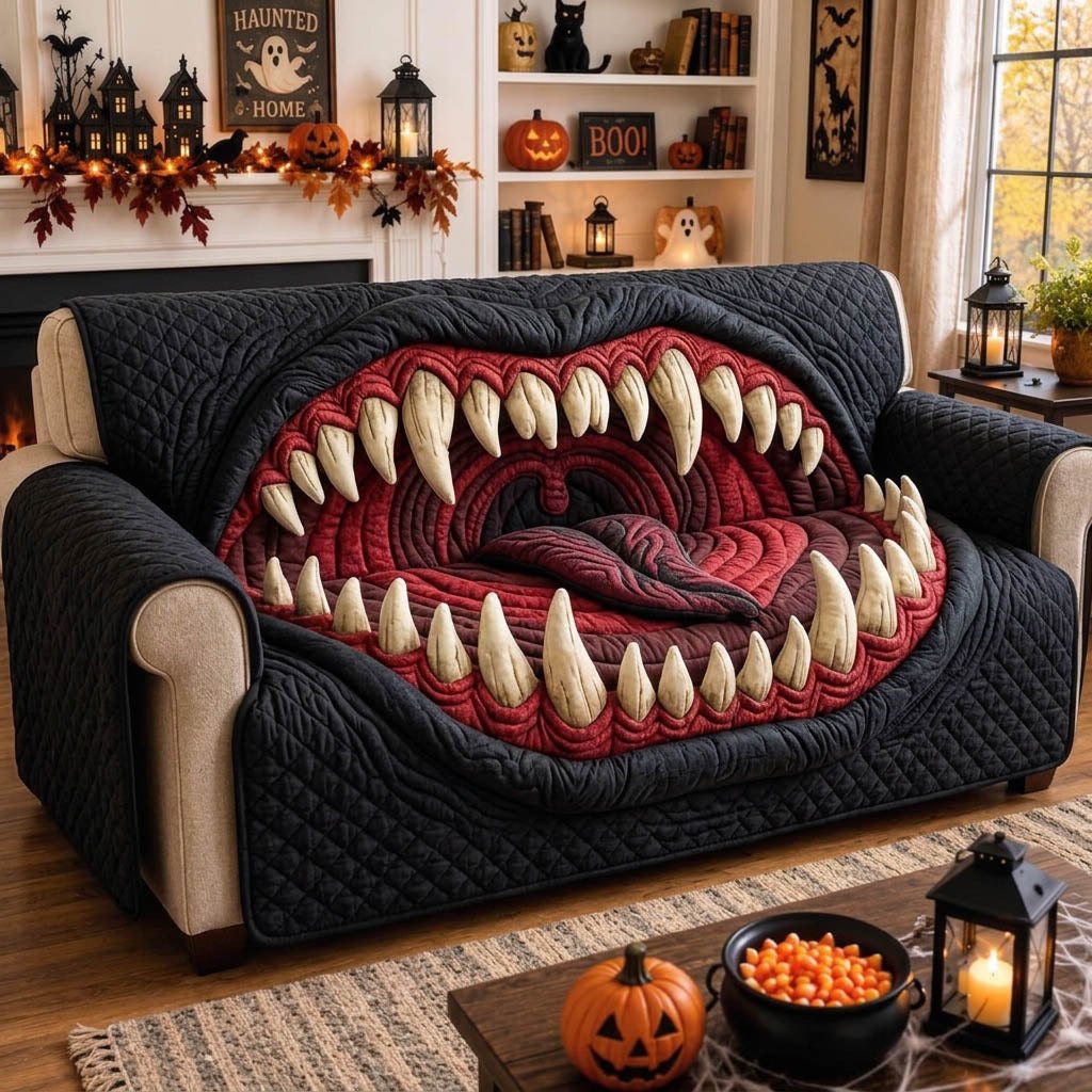 Red Maw with Ivory Fangs on Black Sofa Cover