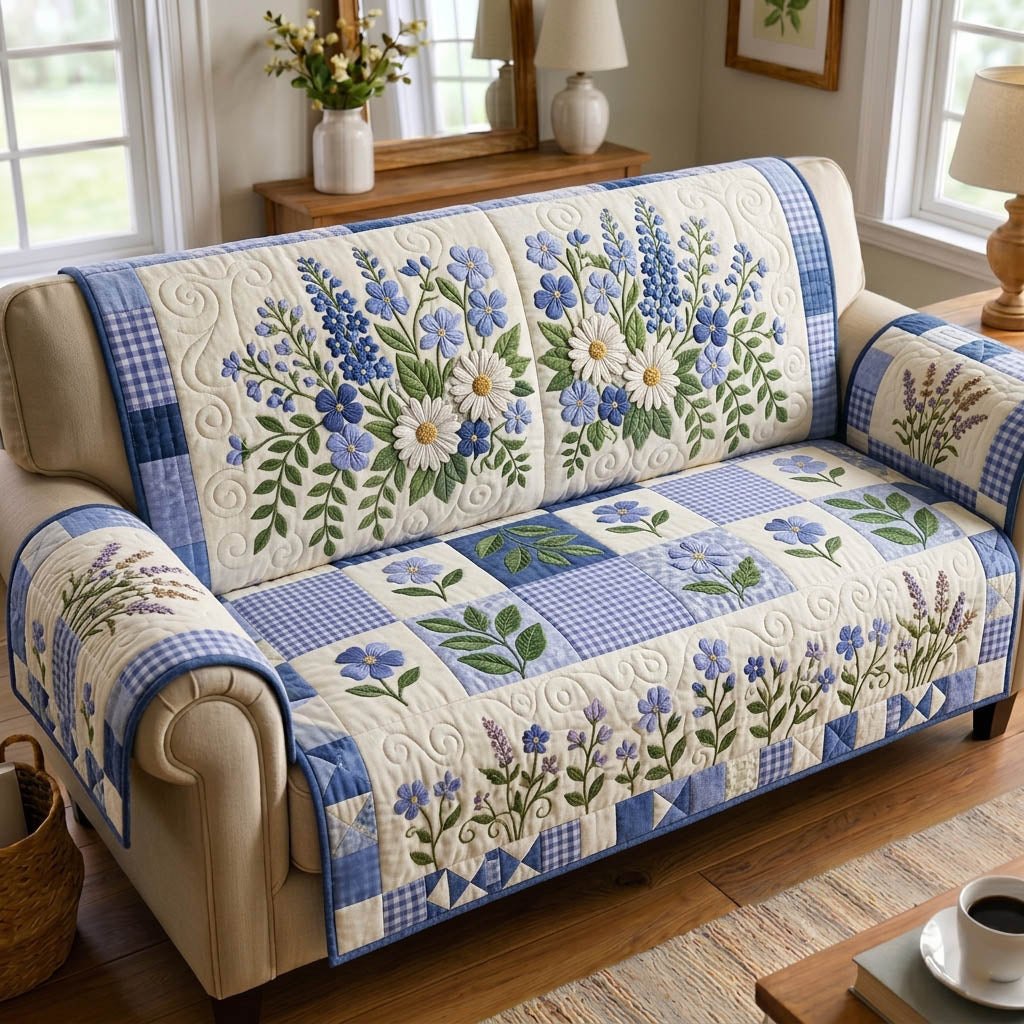 Blue Blossoms and Green Leaves Sofa Cover