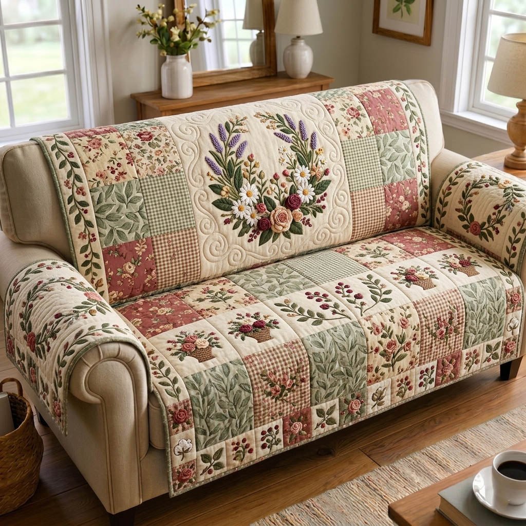 Floral Wreath on Sage Patchwork Sofa Cover