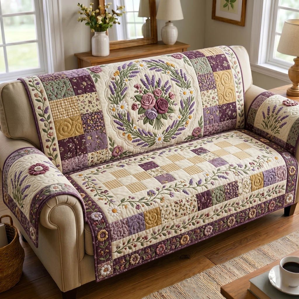 Rose Wreath on Plum Checks Sofa Cover