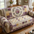 Rose Wreath on Plum Checks Sofa Cover