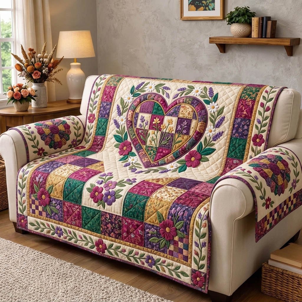 Flower Heart on Magenta Patchwork Sofa Cover