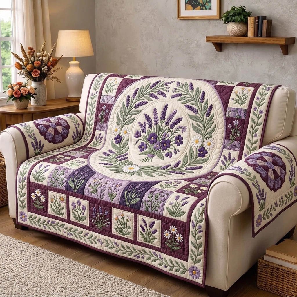 Lavender Wreath on Purple Blocks Sofa Cover