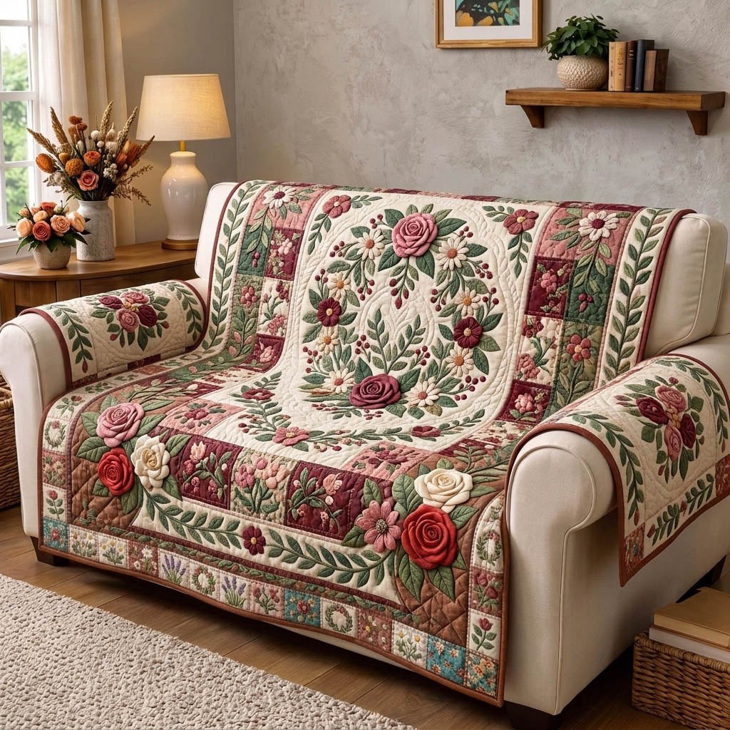Rose Wreath on Red Country Blocks Sofa Cover