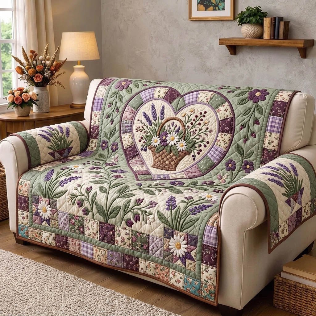 Flower Heart in Green Vines Sofa Cover