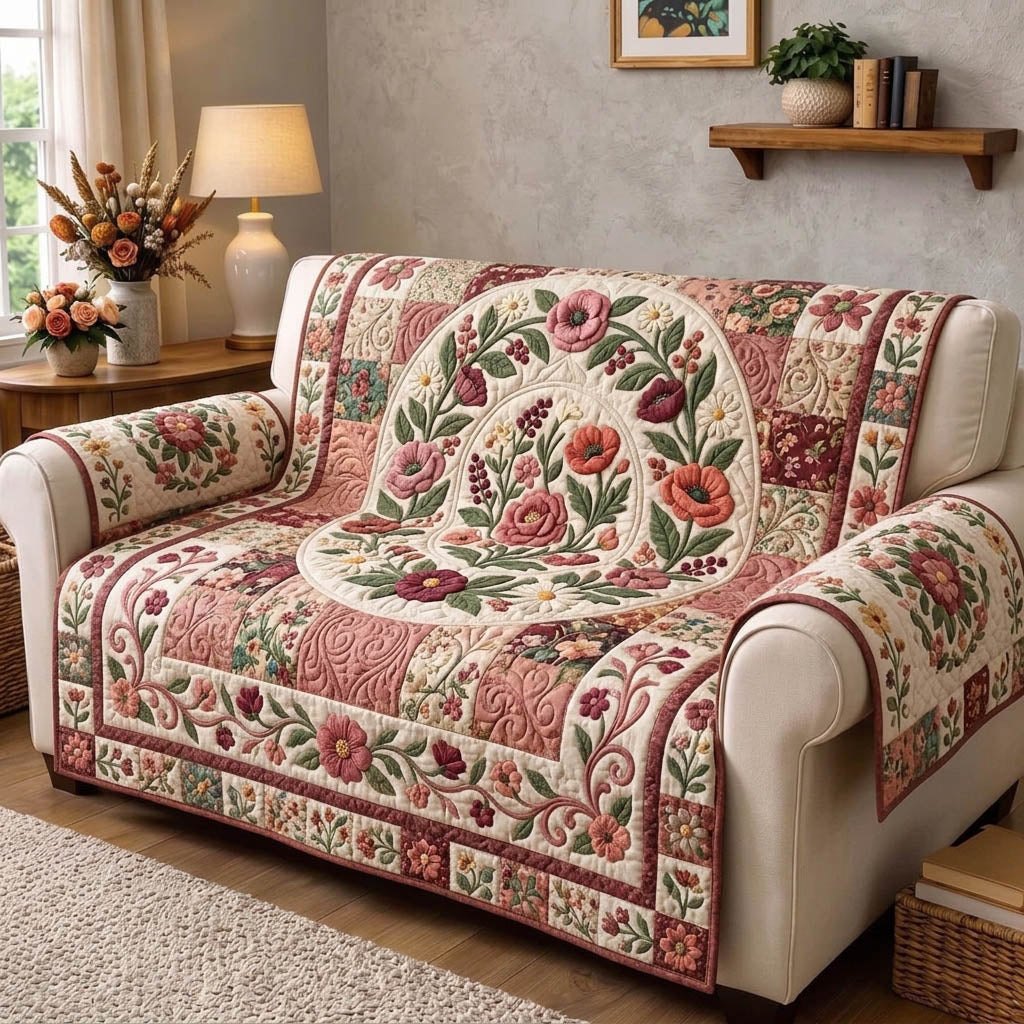 Rose Wreath on Pink Blocks Sofa Cover