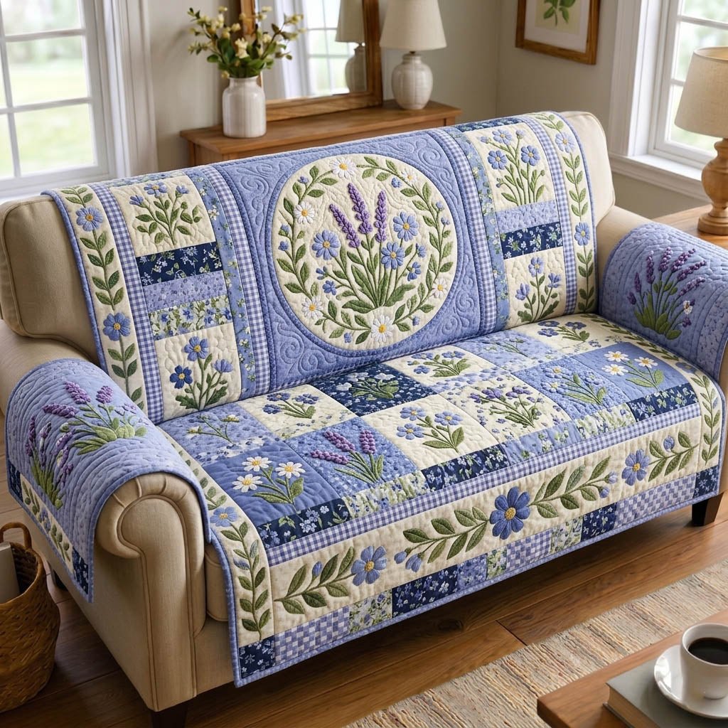 Lavender Oval on Blue Checks Sofa Cover