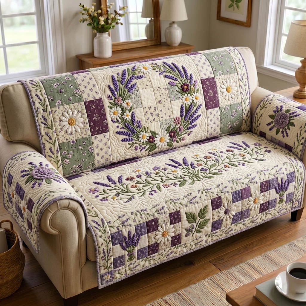 Daisy and Lavender Sprigs on Cream Sofa Cover