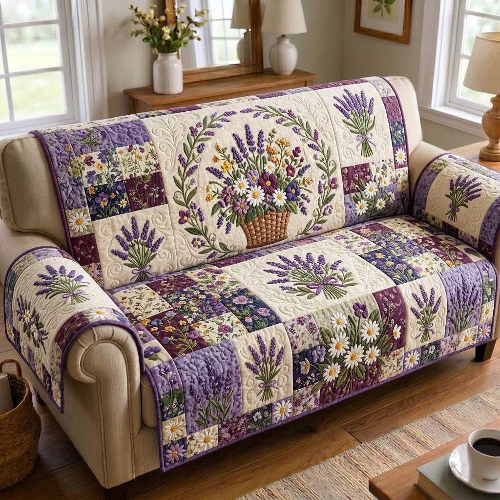 Flower Baskets on Purple Blocks Sofa Cover