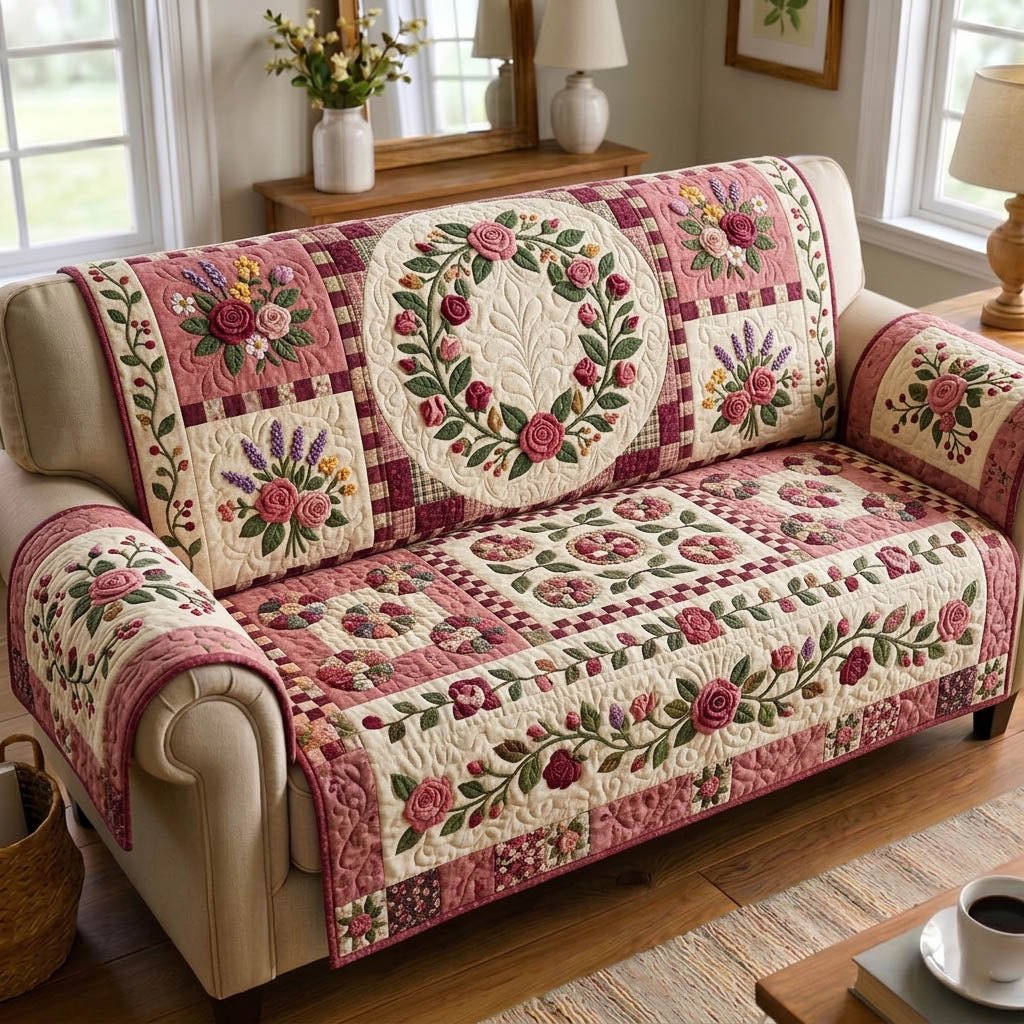 Bouquet Wreath on Rose Blocks Sofa Cover