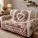 Rose Heart on Cream Checks Sofa Cover