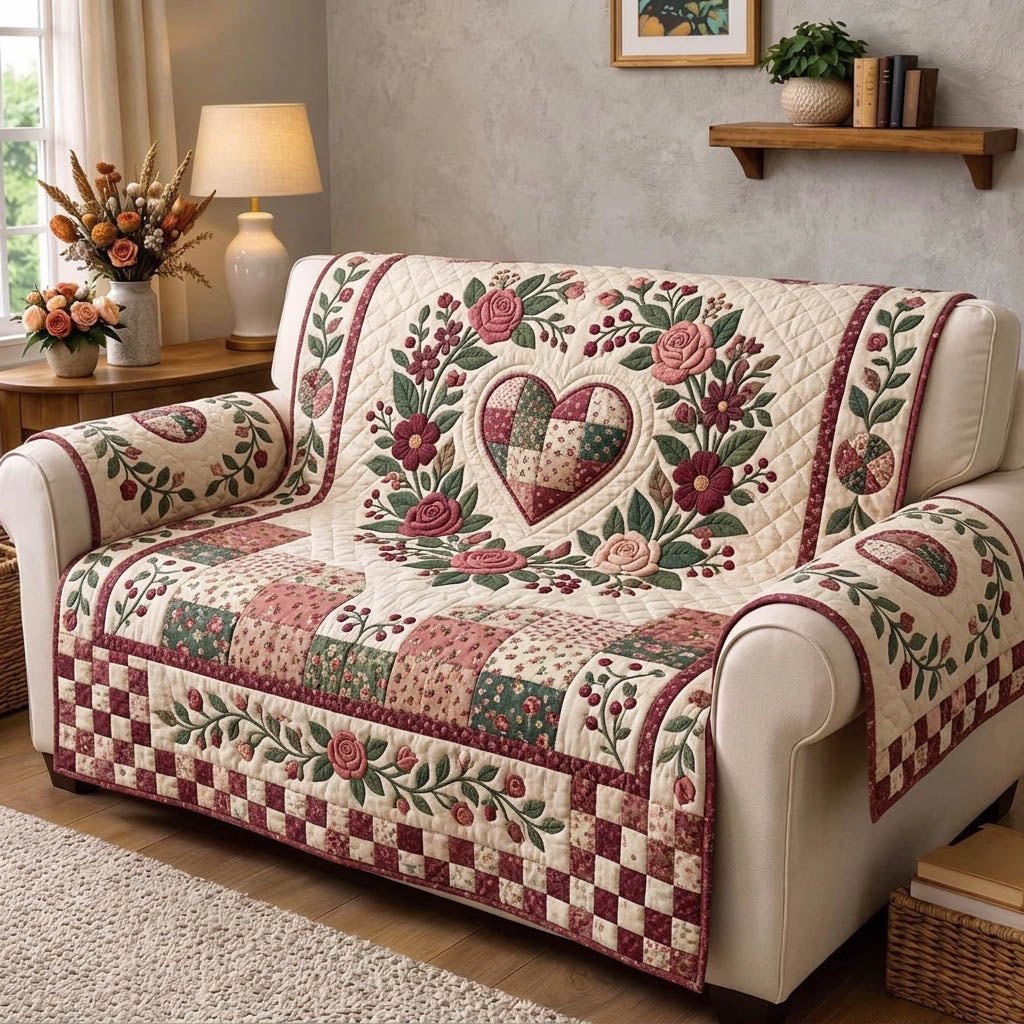 Rose Heart on Cream Checks Sofa Cover