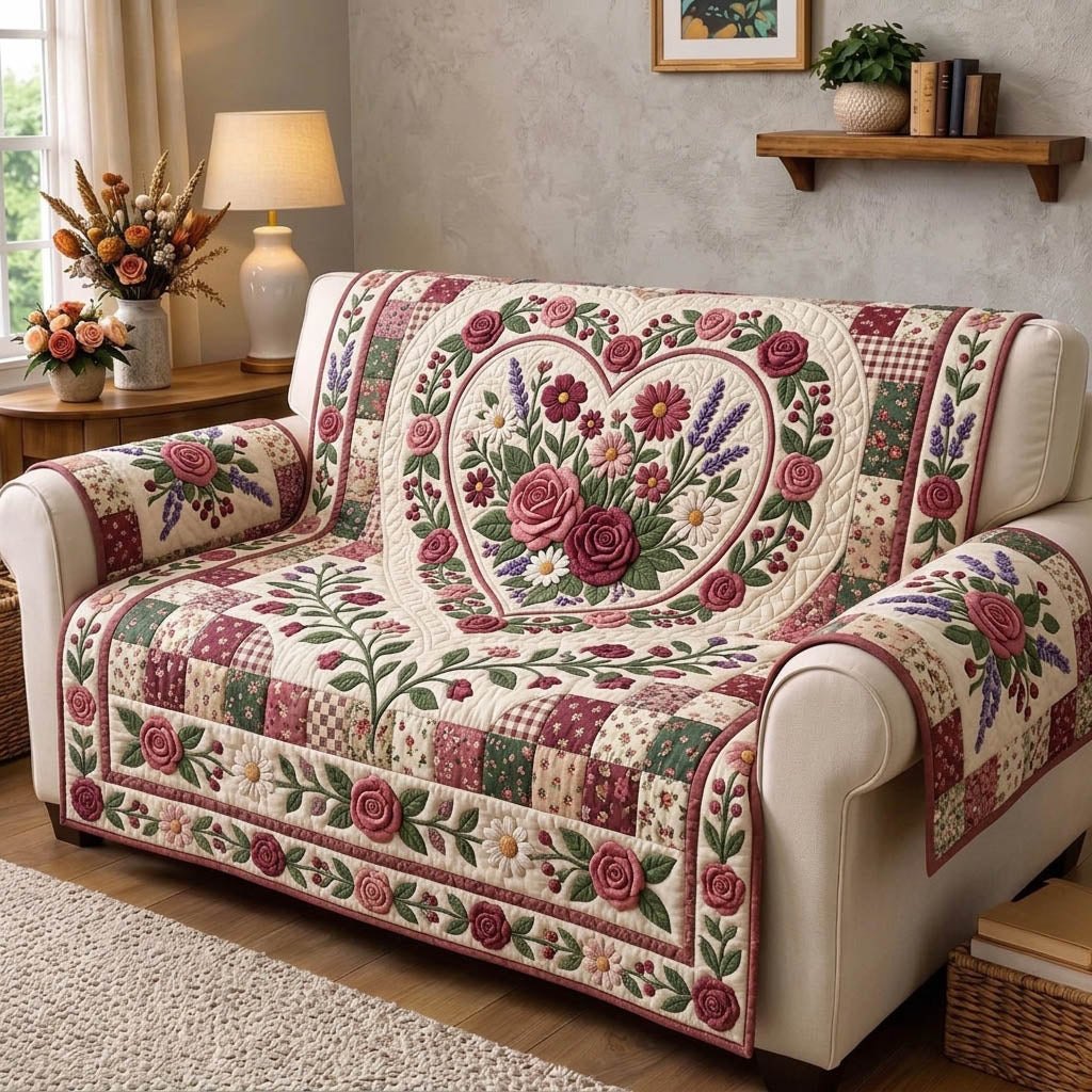 Rose Heart on Burgundy Blocks Sofa Cover
