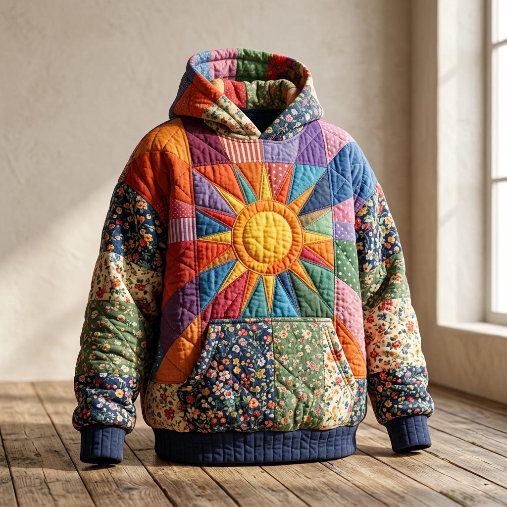 Folk Sun on Rainbow Patchwork hoodie, all-over print