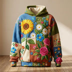 Sunflower and Daisies on Blue Patch hoodie, all-over print
