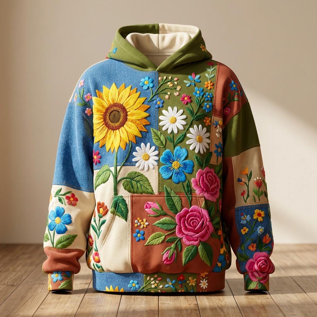 Sunflower and Daisies on Blue Patch hoodie, all-over print