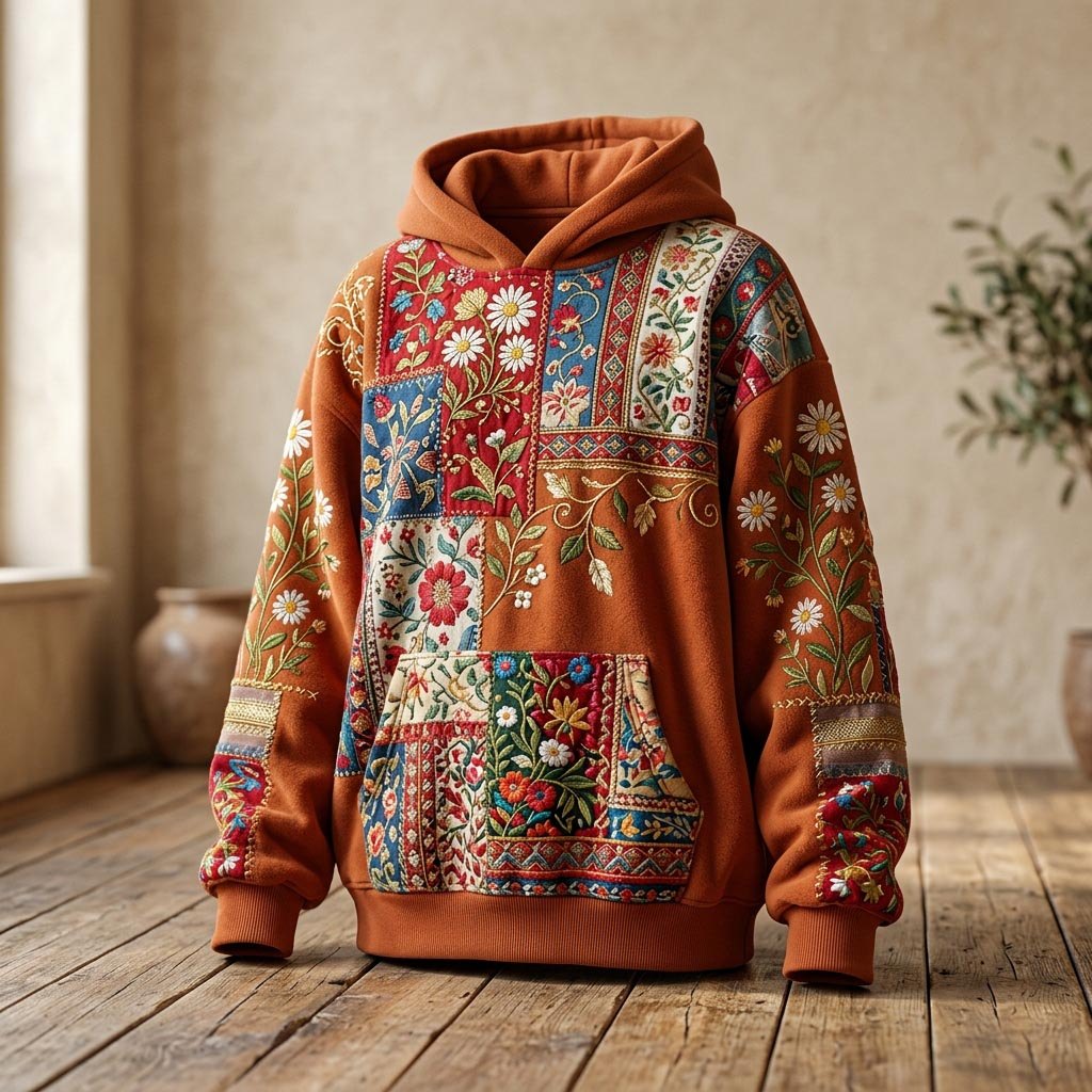 Rust Patchwork with Tiny Florals hoodie, all-over print