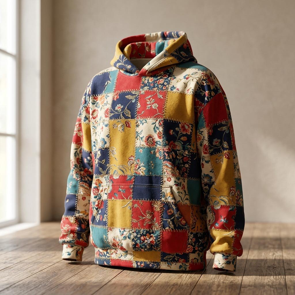 Blue and Cream Quilt Blocks hoodie, all-over print