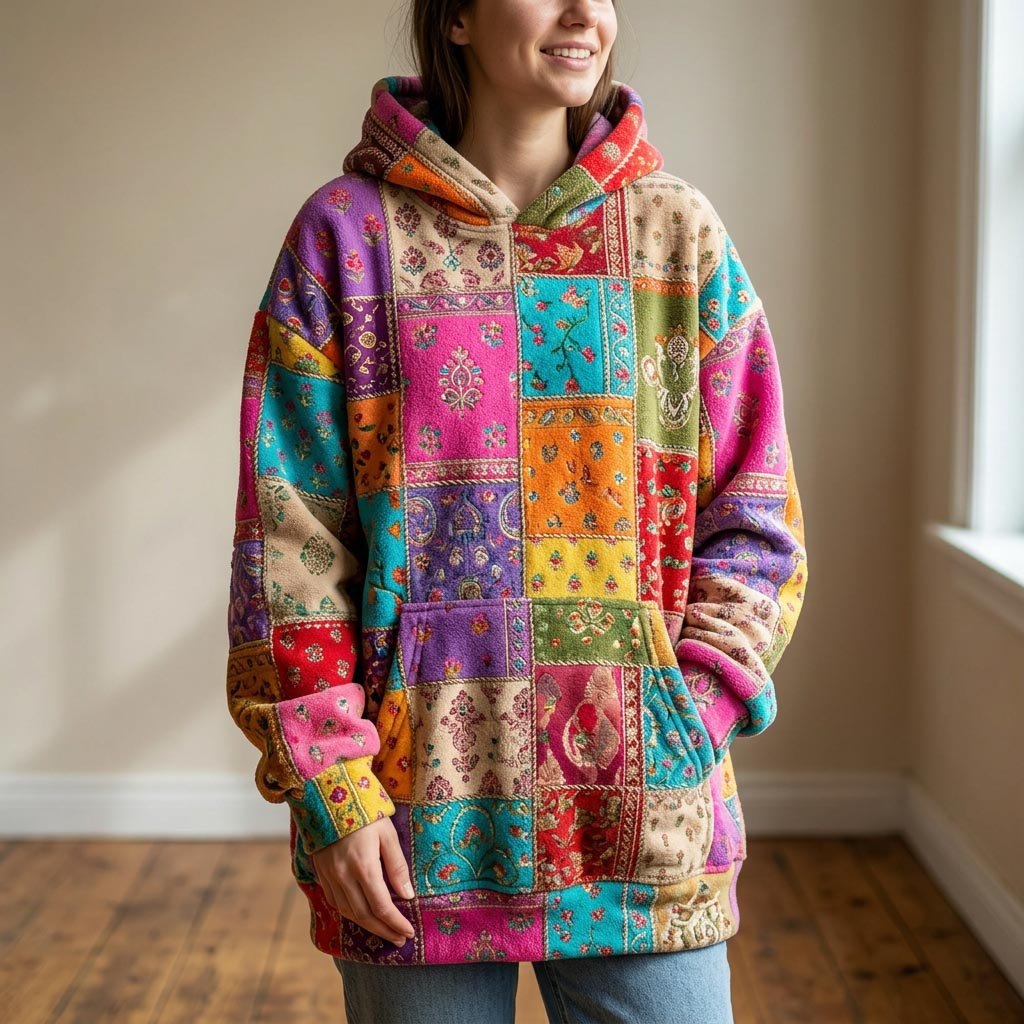 Magenta and Teal Patch Blocks hoodie, all-over print