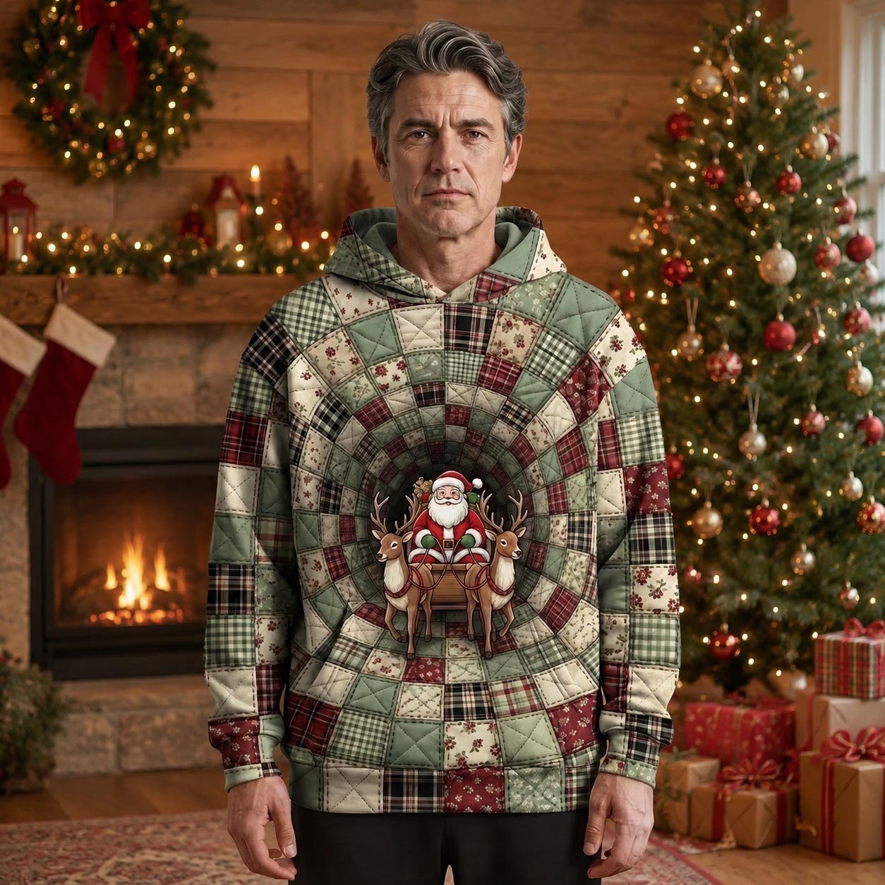 Green Plaid with Santa Medallion hoodie, all-over print