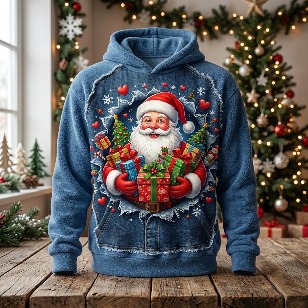 Santa with Gifts on Denim Blue hoodie, all-over print