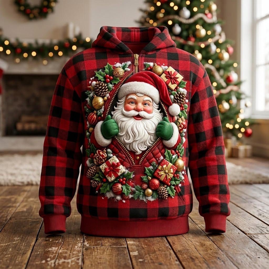 Santa in a Wreath on Buffalo Check hoodie, all-over print