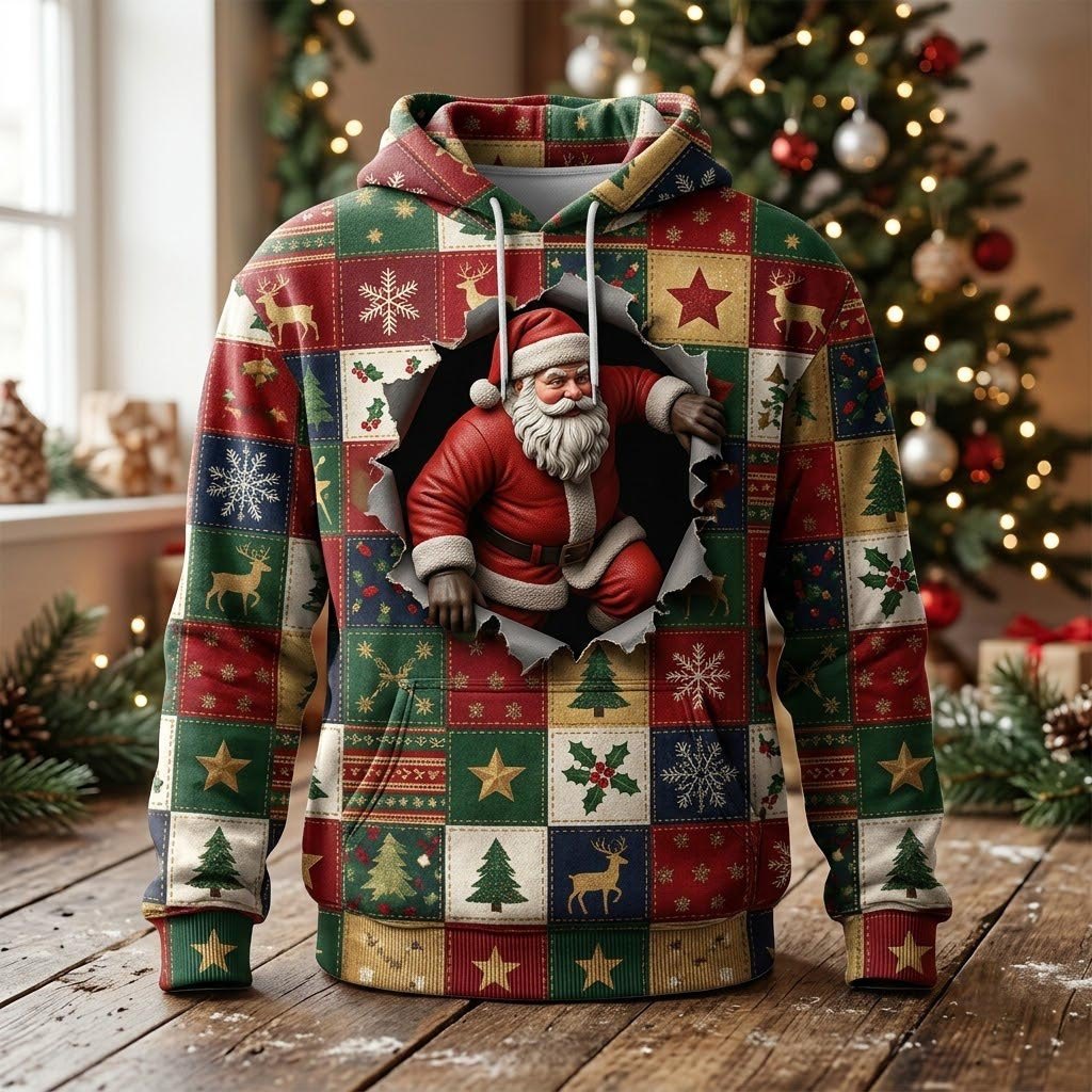 Santa Bursting Through the Quilt hoodie, all-over print