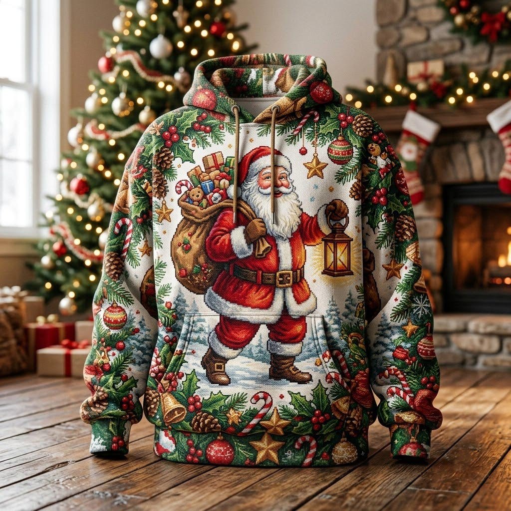 Santa with a Lantern in the Pines hoodie, all-over print
