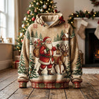 Santa Leading a Reindeer on Cream hoodie, all-over print
