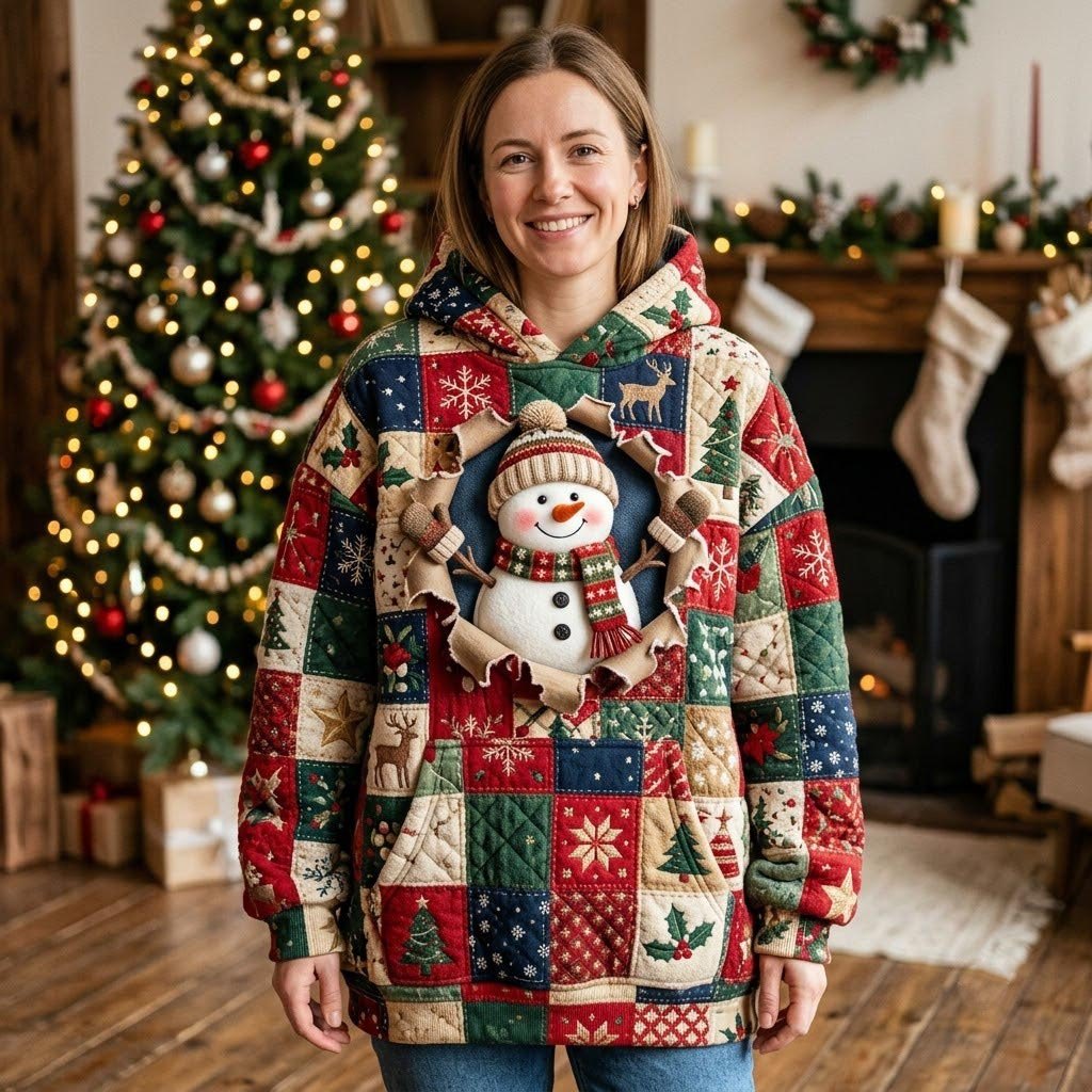 Snowman on Christmas Patchwork Blocks hoodie, all-over print