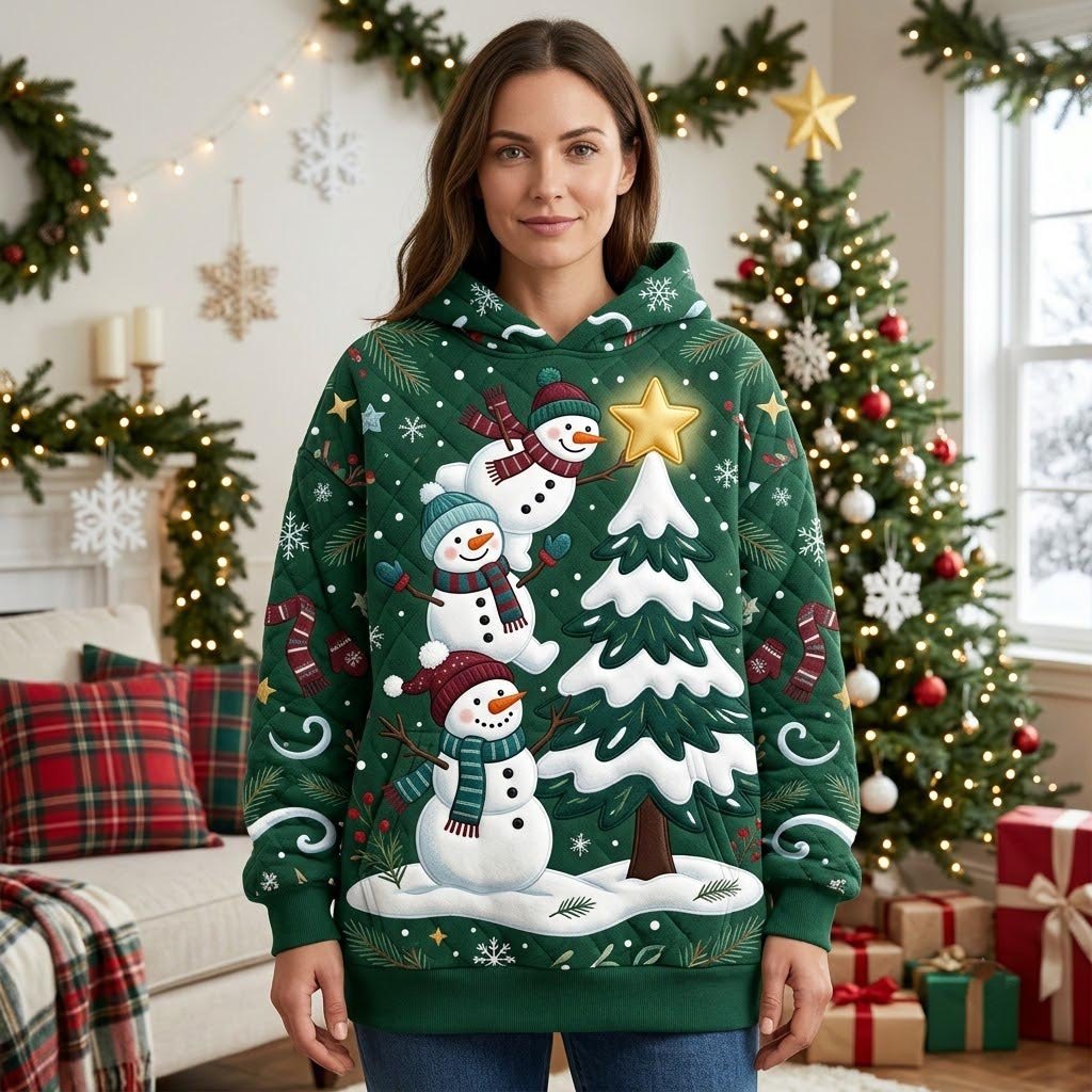 Snowmen by the Christmas Tree hoodie, all-over print