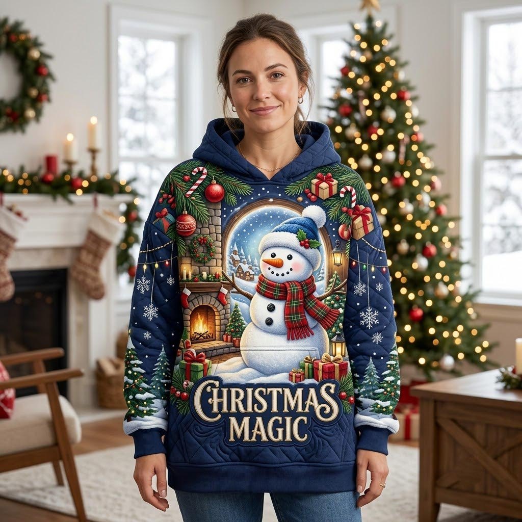 Christmas Magic Snowman at the Window hoodie, all-over print