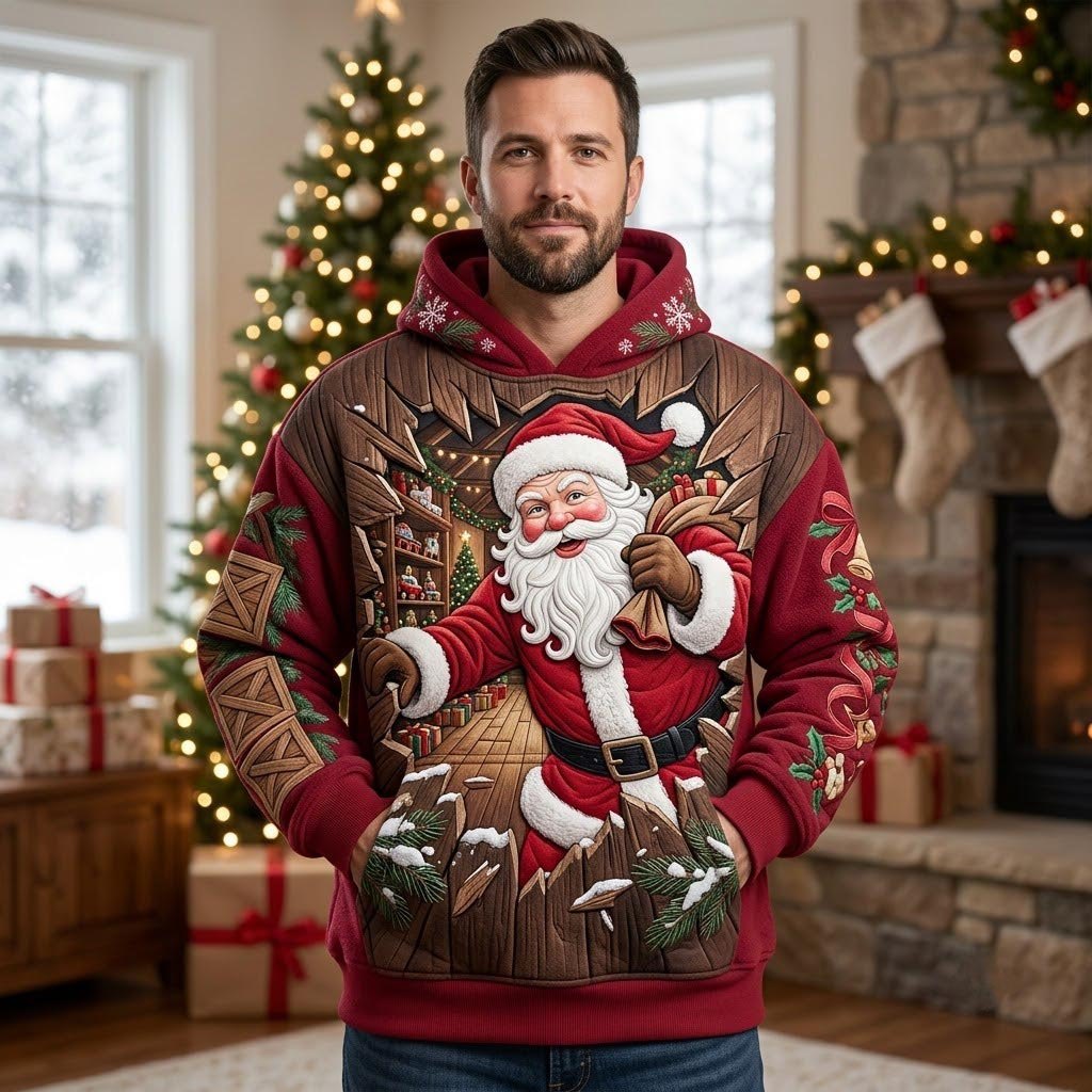 Santa Waving by the Brick Chimney hoodie, all-over print