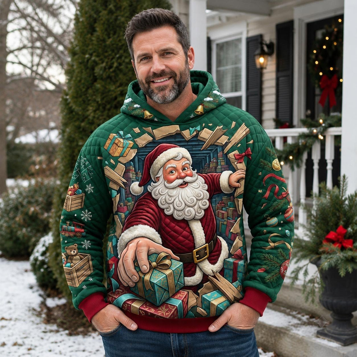 Santa with Firewood on Green hoodie, all-over print