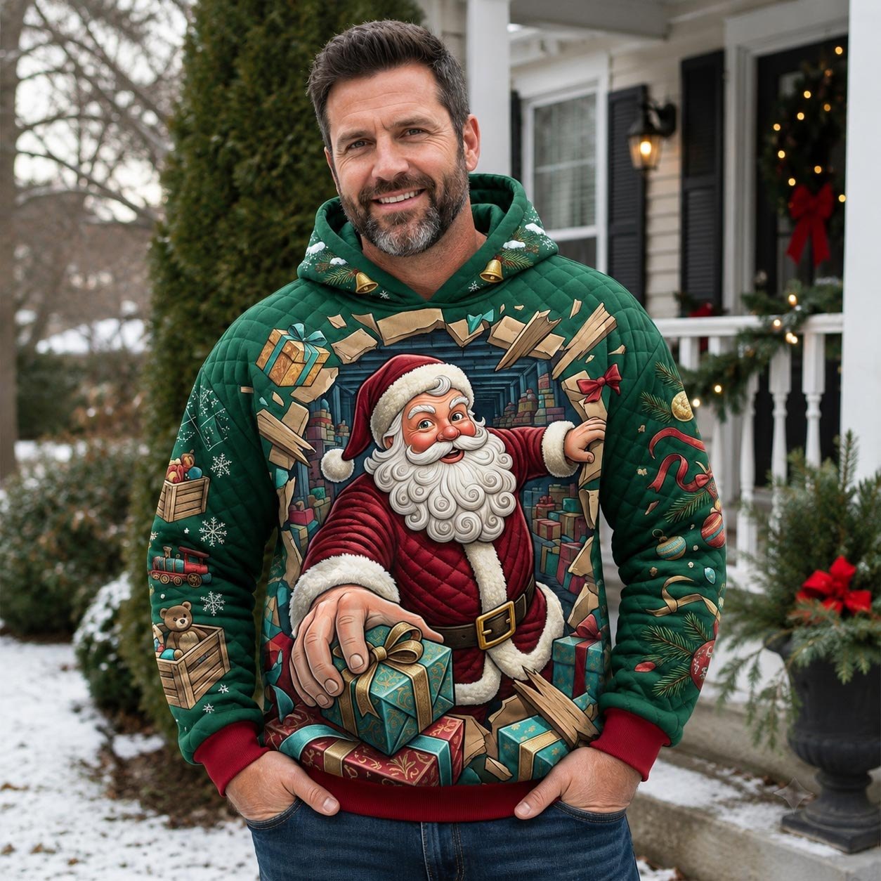Santa with Firewood on Green hoodie, all-over print