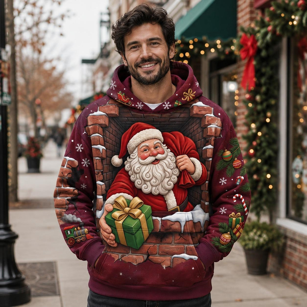 Santa Holding a Green Gift hoodie, all-over print