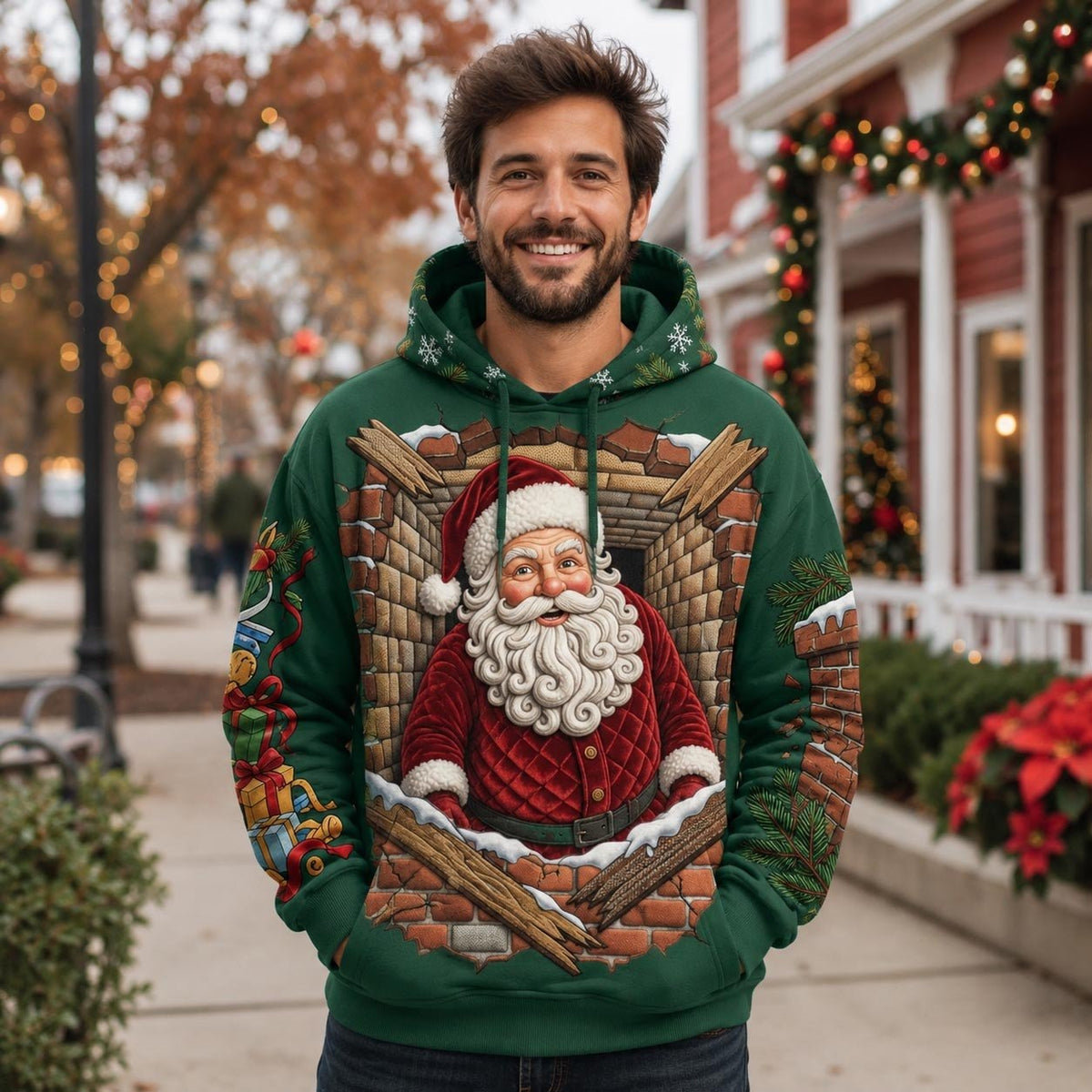 Santa Portrait on Forest Green hoodie, all-over print