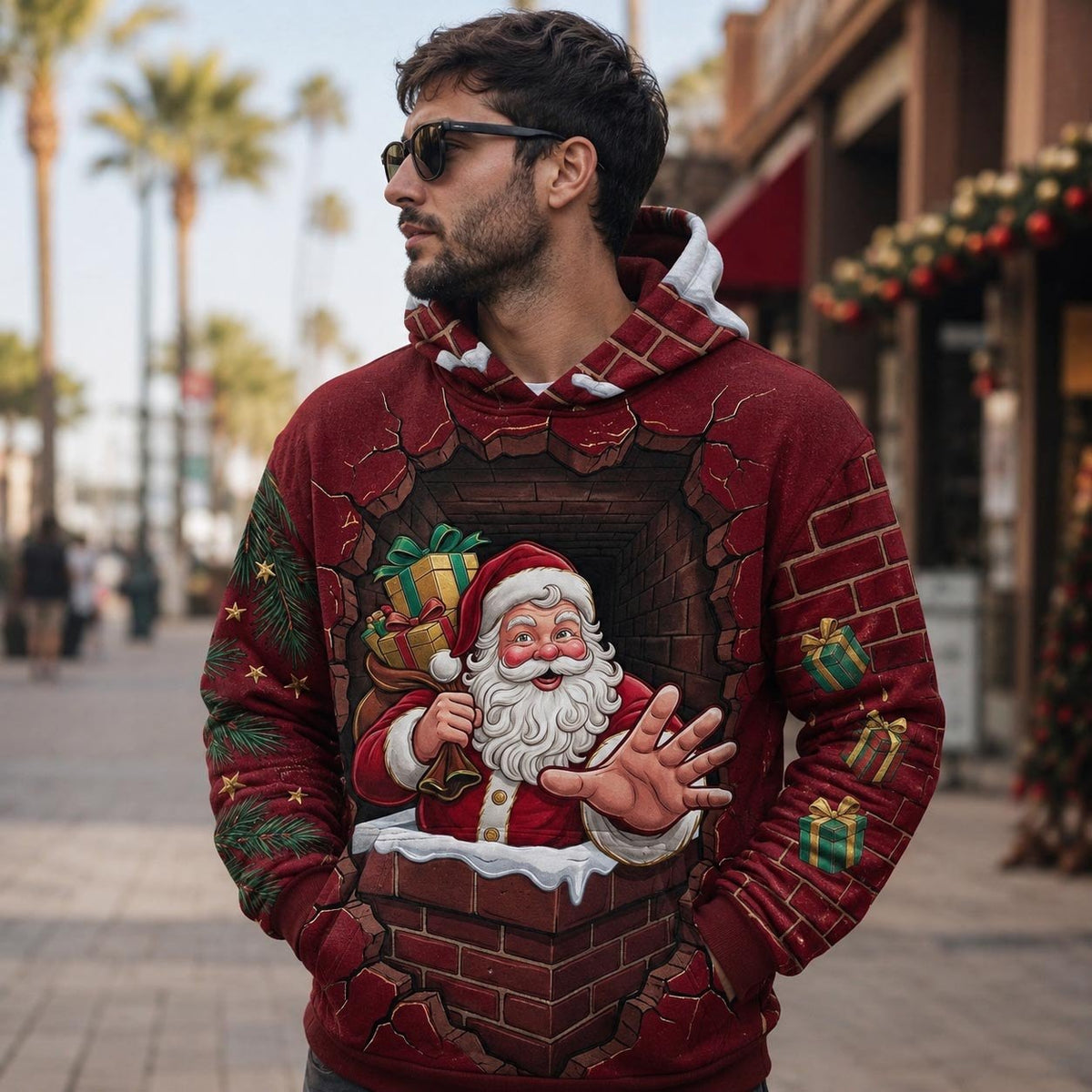 Santa with a Mug on Burgundy Brick hoodie, all-over print