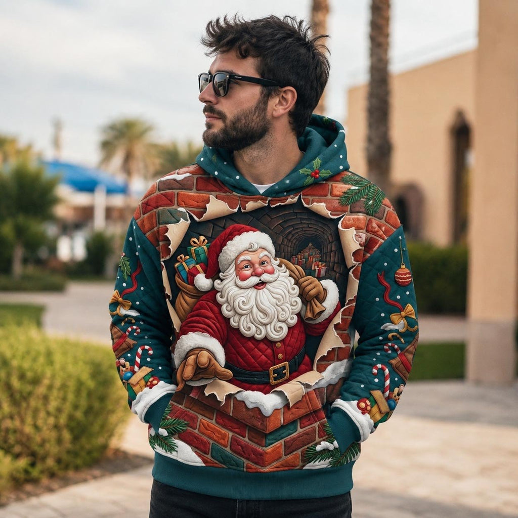Santa in the Teal Woodland hoodie, all-over print