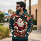 Santa in the Teal Woodland hoodie, all-over print