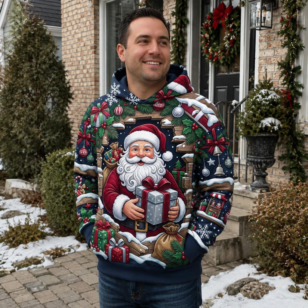 Santa with a Blue Gift in the Snow hoodie, all-over print