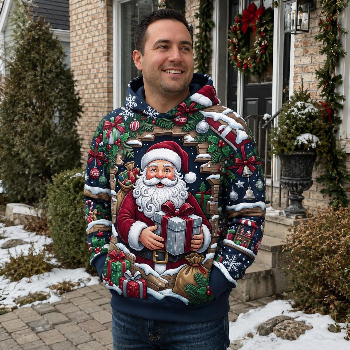 Santa with a Blue Gift in the Snow hoodie, all-over print
