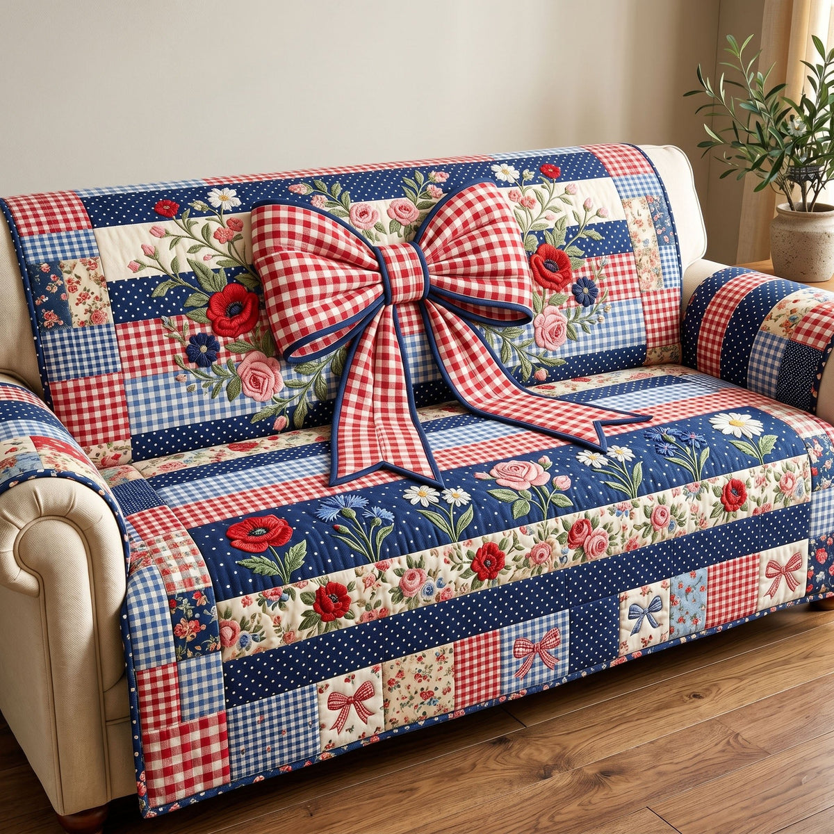 Gingham Bow on Patriotic Blocks Sofa Cover